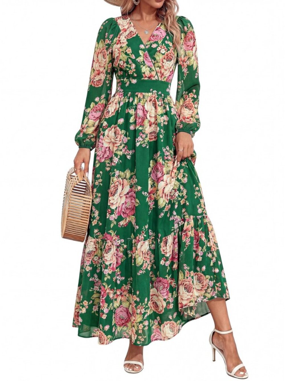 Women Fall Long Sleeve Wrap V Neck Floral Belted Boho Maxi Dress